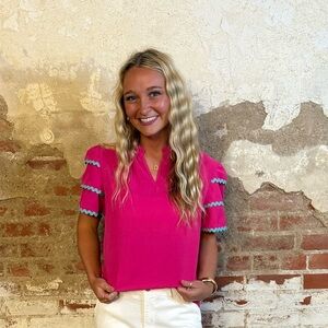 Pink Fitted Embellished Short Sleeve Blouse